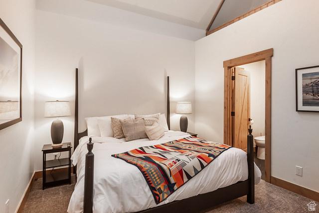 3009 E Black Forest Rd, Sundance, UT 84604 - bedroom featuring lofted ceiling and dark carpet