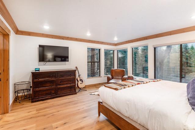 3009 E Black Forest Rd, Sundance, UT 84604 - bedroom featuring crown molding and light hardwood / wood-style floors