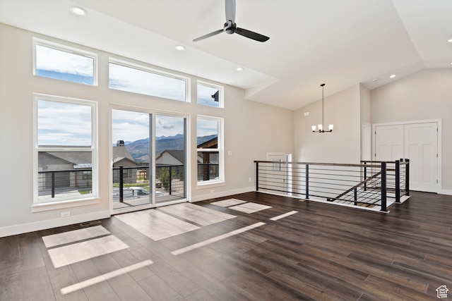4778 Paddleford Dr Unit 227, Eden, UT 84310 - empty room with recessed lighting, dark wood finished floors, high vaulted ceiling, baseboards, and a ceiling fan