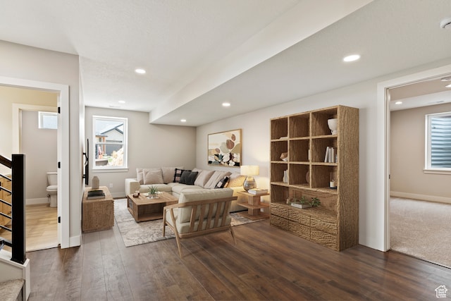 4778 Paddleford Dr Unit 227, Eden, UT 84310 - living area featuring dark wood finished floors, stairs, recessed lighting, and baseboards