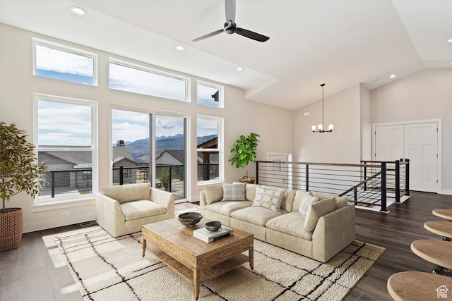 4778 Paddleford Dr Unit 227, Eden, UT 84310 - living area featuring recessed lighting, a ceiling fan, high vaulted ceiling, dark wood-style floors, and a mountain view