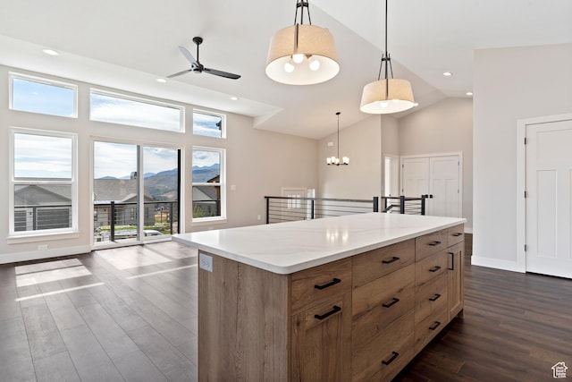 4778 Paddleford Dr Unit 227, Eden, UT 84310 - kitchen with dark wood-type flooring, ceiling fan, high vaulted ceiling, a mountain view, and recessed lighting