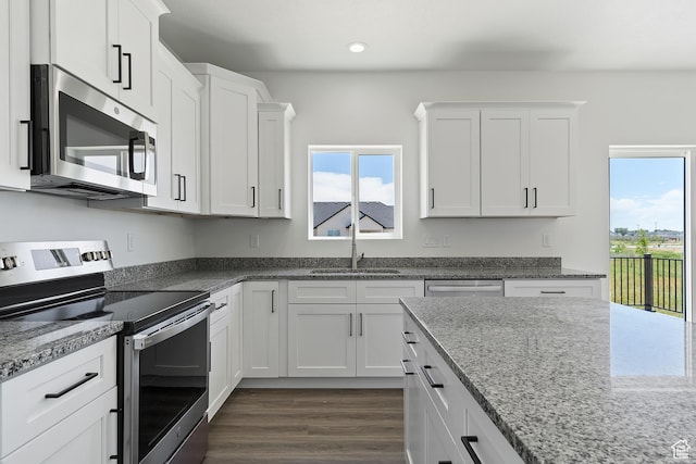 kitchen with white cabinetry, dark wood finished floors, appliances with stainless steel finishes, and a sink