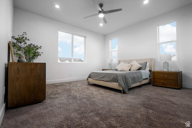 carpeted bedroom featuring recessed lighting, a ceiling fan, and baseboards