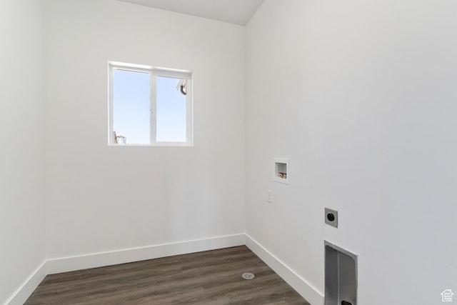 washroom with baseboards, washer hookup, laundry area, electric dryer hookup, and dark wood-style flooring