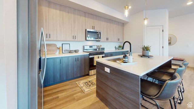 kitchen with sink, stainless steel appliances, light hardwood / wood-style flooring, an island with sink, and pendant lighting
