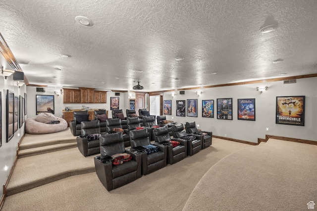 14234 S Canyon Vine Cv E, Draper, UT 84020 - carpeted home theater with a textured ceiling and ornamental molding