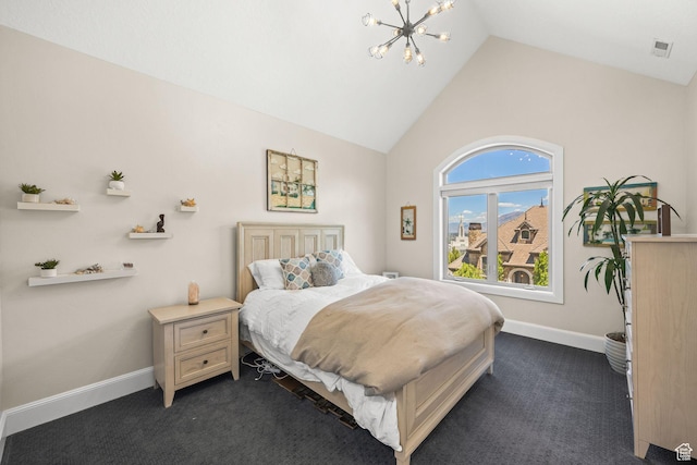 14234 S Canyon Vine Cv E, Draper, UT 84020 - bedroom with dark carpet, vaulted ceiling, and a notable chandelier