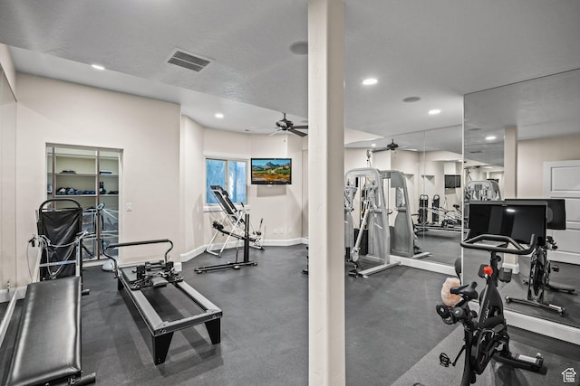 14234 S Canyon Vine Cv E, Draper, UT 84020 - gym featuring a textured ceiling and ceiling fan