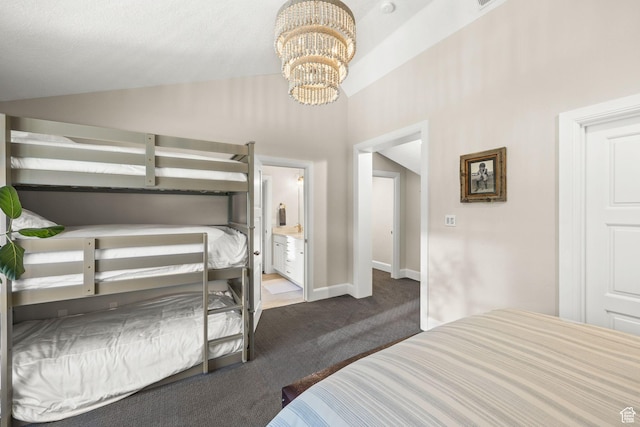 14234 S Canyon Vine Cv E, Draper, UT 84020 - bedroom featuring ensuite bathroom, carpet floors, lofted ceiling, and a notable chandelier