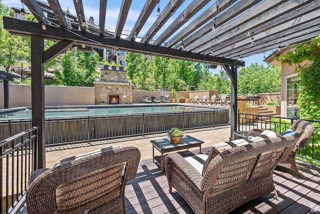 14234 S Canyon Vine Cv E, Draper, UT 84020 - view of patio featuring an outdoor stone fireplace, a fenced in pool, and a pergola