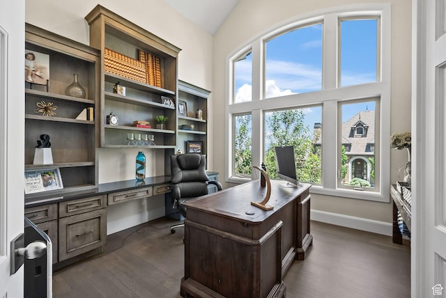 14234 S Canyon Vine Cv E, Draper, UT 84020 - office area with dark hardwood / wood-style flooring and vaulted ceiling