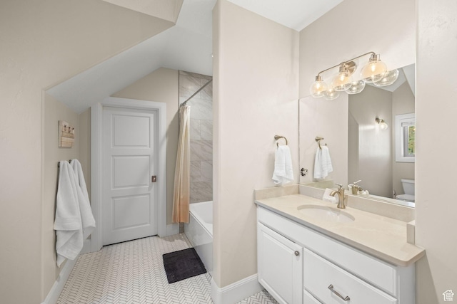 14234 S Canyon Vine Cv E, Draper, UT 84020 - full bathroom featuring tile patterned floors, vanity, toilet, and shower / bathtub combination with curtain