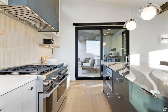 940 S N View Cir Unit 12, Woodland Hills, UT 84653 - kitchen featuring white cabinetry, stainless steel appliances, extractor fan, decorative light fixtures, and light hardwood / wood-style floors