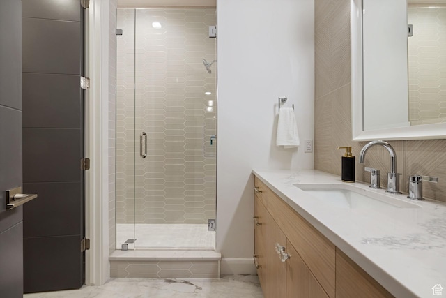 940 S N View Cir Unit 12, Woodland Hills, UT 84653 - bathroom featuring vanity, a shower stall, and tasteful backsplash