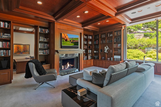1559 E Tomahawk Dr N, Salt Lake City, UT 84103 - carpeted living room with beam ceiling, a premium fireplace, built in shelves, and coffered ceiling