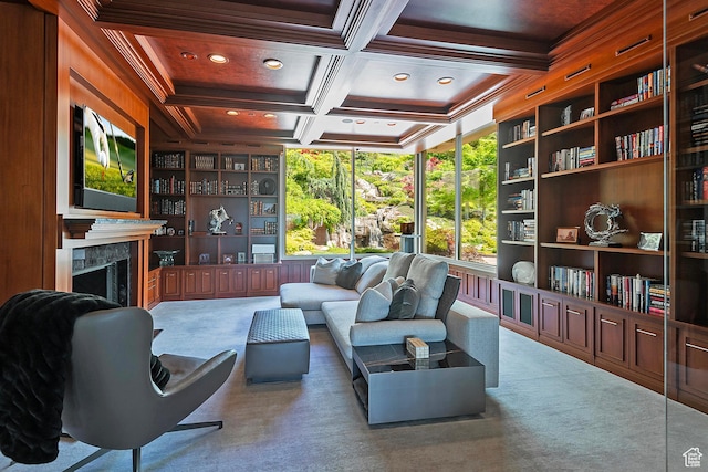 1559 E Tomahawk Dr N, Salt Lake City, UT 84103 - interior space featuring coffered ceiling, carpet floors, a fireplace, built in features, and beam ceiling