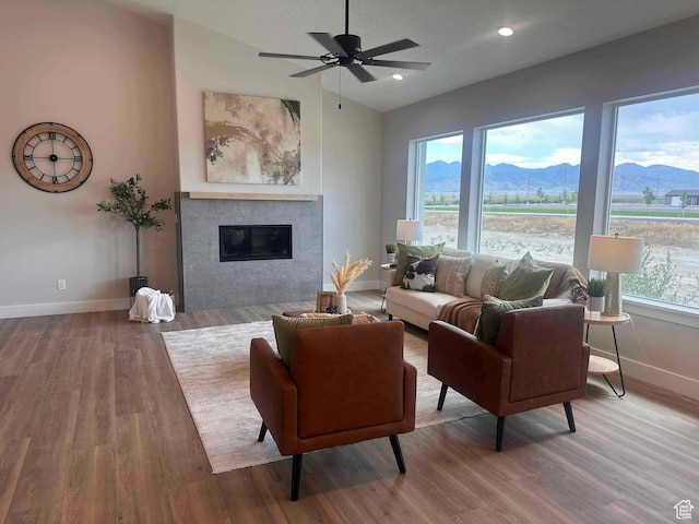 634 E Otto Ln, Grantsville, UT 84029 - living area with a tiled fireplace, a mountain view, a wealth of natural light, and wood finished floors