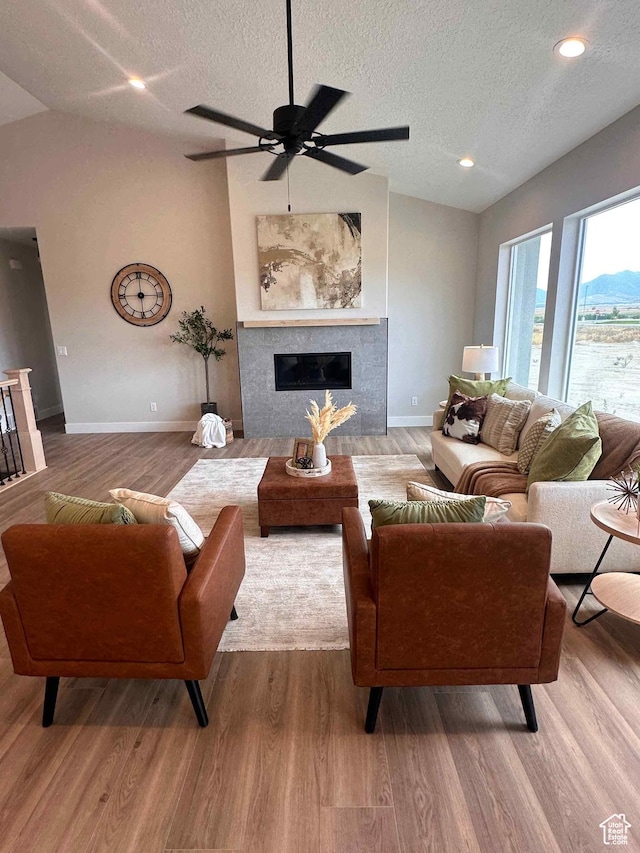 634 E Otto Ln, Grantsville, UT 84029 - living area with baseboards, lofted ceiling, wood finished floors, a glass covered fireplace, and a textured ceiling