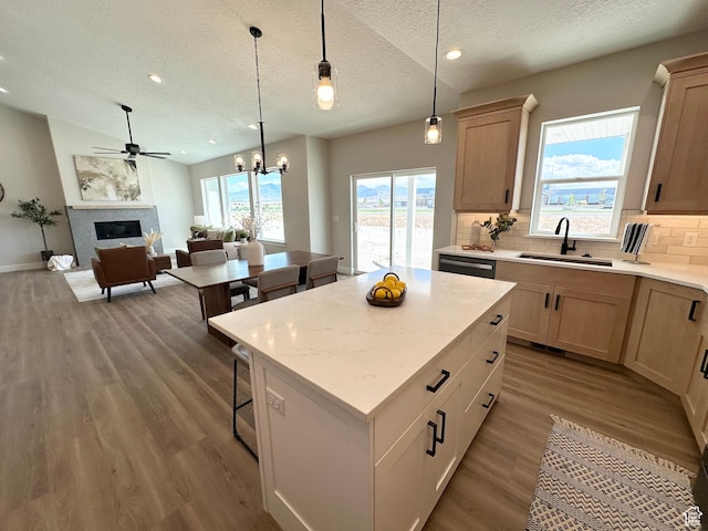 634 E Otto Ln, Grantsville, UT 84029 - kitchen featuring a sink, open floor plan, a glass covered fireplace, wood finished floors, and decorative backsplash