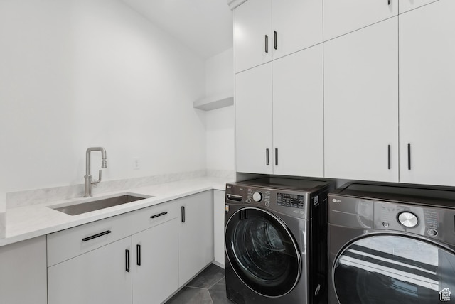 7702 N Fire Ring Glade, Park City, UT 84098 - laundry room with dark tile patterned flooring, cabinets, sink, and washing machine and clothes dryer