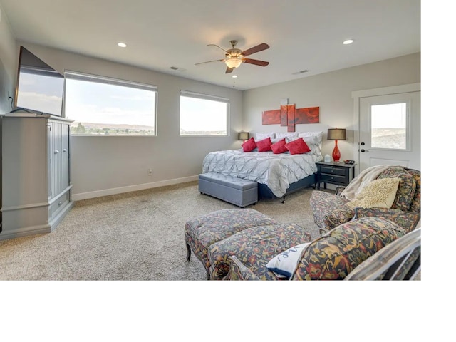 carpeted bedroom featuring a ceiling fan, recessed lighting, visible vents, and baseboards