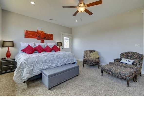 bedroom with carpet floors, recessed lighting, visible vents, and ceiling fan