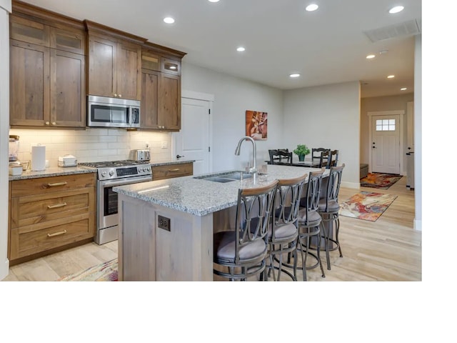 kitchen with stainless steel appliances, tasteful backsplash, visible vents, light wood-style floors, and a sink