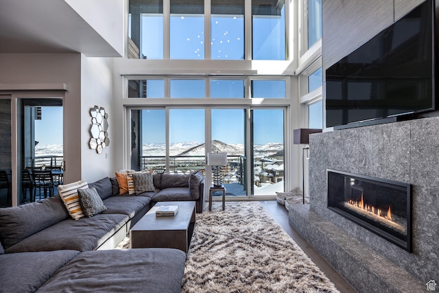 living room featuring a premium fireplace, a towering ceiling, and a healthy amount of sunlight