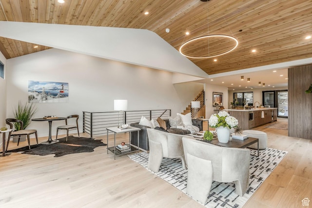 interior space featuring recessed lighting, stairway, light wood-style flooring, and wooden ceiling