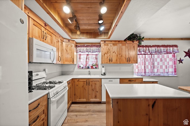 1635 W 200 S, Kamas, UT 84036 - kitchen with rail lighting, wood ceiling, white appliances, sink, and light hardwood / wood-style floors