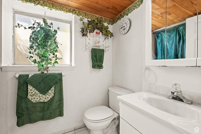1635 W 200 S, Kamas, UT 84036 - bathroom featuring vanity, wooden ceiling, tile patterned flooring, toilet, and walk in shower