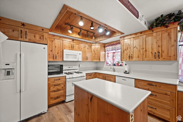 1635 W 200 S, Kamas, UT 84036 - kitchen featuring white appliances, sink, rail lighting, light hardwood / wood-style flooring, and a kitchen island