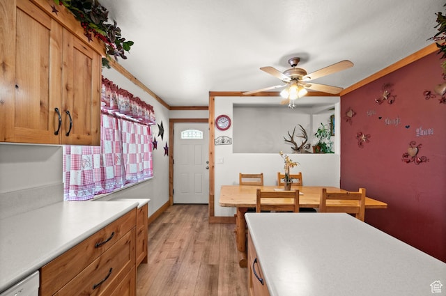 1635 W 200 S, Kamas, UT 84036 - dining room featuring light hardwood / wood-style flooring, ceiling fan, and crown molding