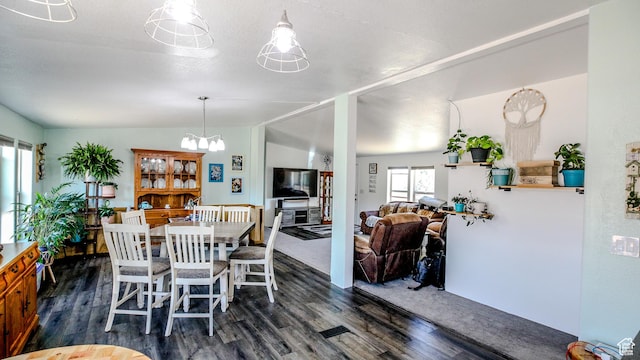 33432 W 8000 S, Duchesne, UT 84021 - dining area with dark wood-style floors, lofted ceiling, and a chandelier