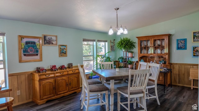 33432 W 8000 S, Duchesne, UT 84021 - dining area with dark wood-type flooring, a wainscoted wall, a chandelier, and wooden walls