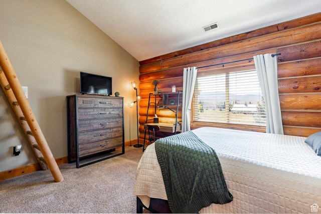 3383 Wild Mare Way, Heber City, UT 84032 - carpeted bedroom with rustic walls, baseboards, and lofted ceiling