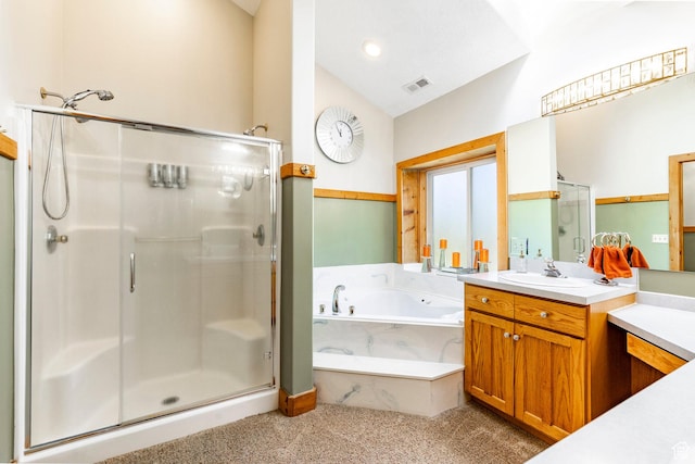 3383 Wild Mare Way, Heber City, UT 84032 - full bathroom featuring a shower stall, vanity, a bath, and lofted ceiling