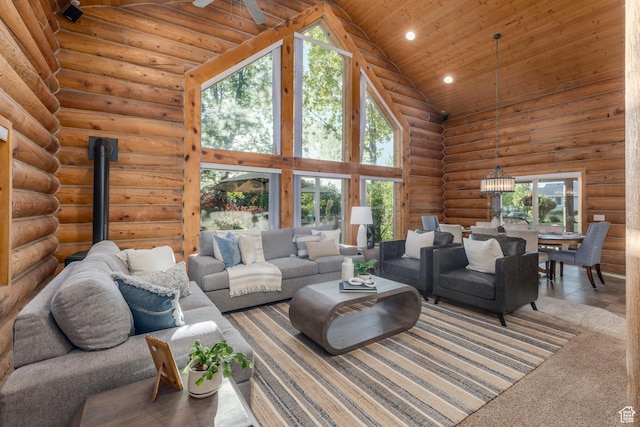 3383 Wild Mare Way, Heber City, UT 84032 - living area featuring high vaulted ceiling, wooden ceiling, recessed lighting, rustic walls, and a chandelier