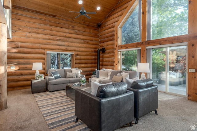 3383 Wild Mare Way, Heber City, UT 84032 - living area featuring high vaulted ceiling, carpet floors, wood ceiling, ceiling fan, and rustic walls