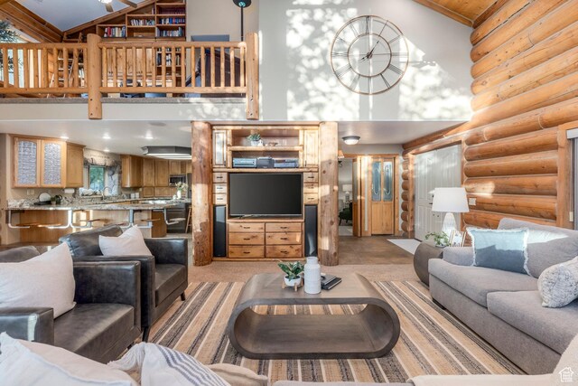3383 Wild Mare Way, Heber City, UT 84032 - living area featuring high vaulted ceiling and rustic walls