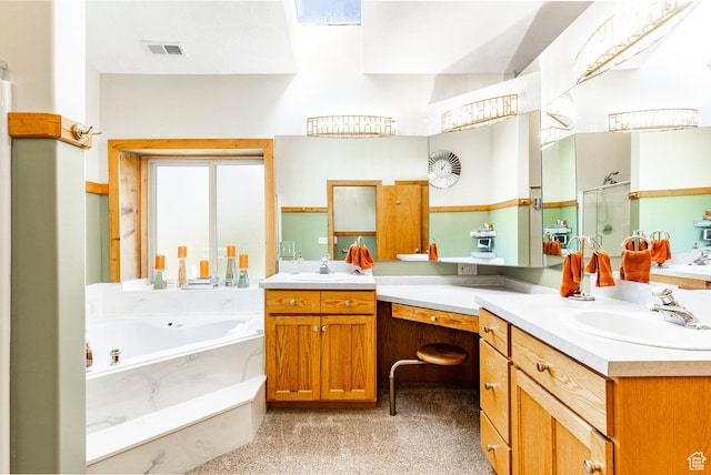 3383 Wild Mare Way, Heber City, UT 84032 - bathroom featuring a bath, vanity, and a shower stall