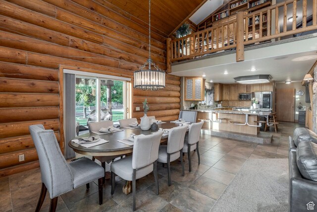 3383 Wild Mare Way, Heber City, UT 84032 - dining space featuring a chandelier, wood ceiling, and high vaulted ceiling