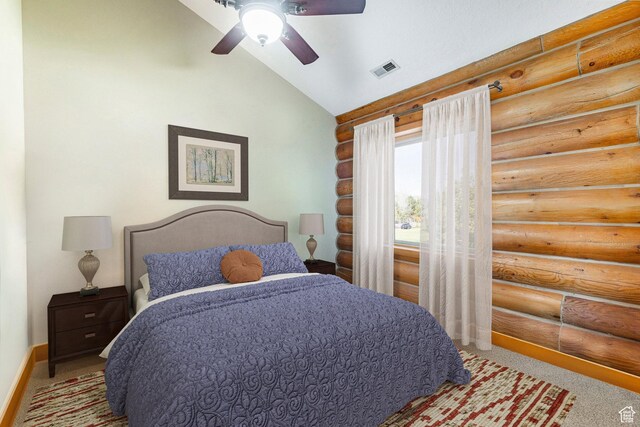 3383 Wild Mare Way, Heber City, UT 84032 - carpeted bedroom featuring log walls, vaulted ceiling, baseboards, and ceiling fan