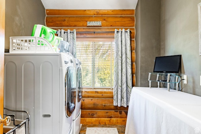 3383 Wild Mare Way, Heber City, UT 84032 - washroom with washing machine and dryer and log walls