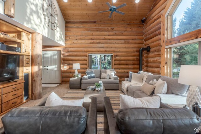 3383 Wild Mare Way, Heber City, UT 84032 - living area featuring high vaulted ceiling, wooden ceiling, rustic walls, a ceiling fan, and recessed lighting