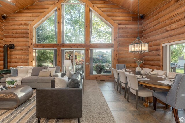 3383 Wild Mare Way, Heber City, UT 84032 - living area featuring high vaulted ceiling, wood ceiling, log walls, a wood stove, and a chandelier