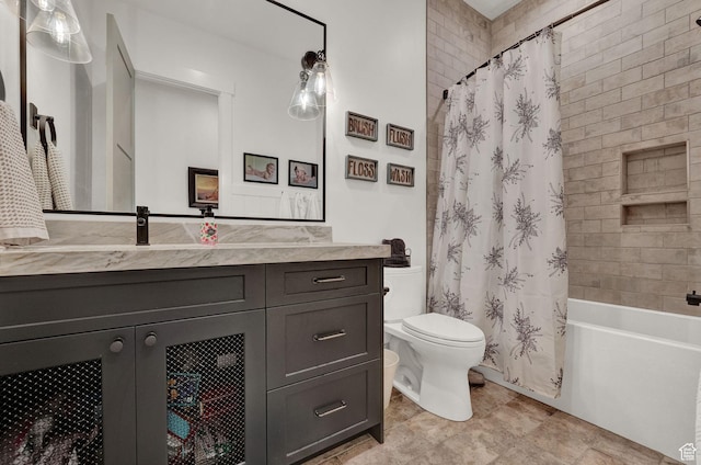 8122 S Willow Creek Cv, Cottonwood Heights, UT 84093 - full bathroom featuring vanity, toilet, and shower / bathtub combination with curtain