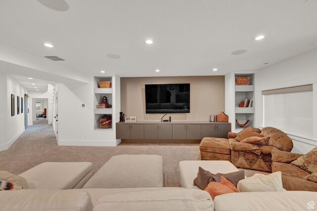 8122 S Willow Creek Cv, Cottonwood Heights, UT 84093 - carpeted living room featuring built in features