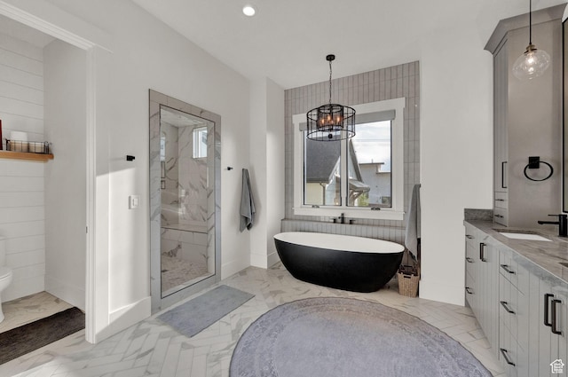 8122 S Willow Creek Cv, Cottonwood Heights, UT 84093 - full bathroom featuring an inviting chandelier, vanity, separate shower and tub, and a wealth of natural light